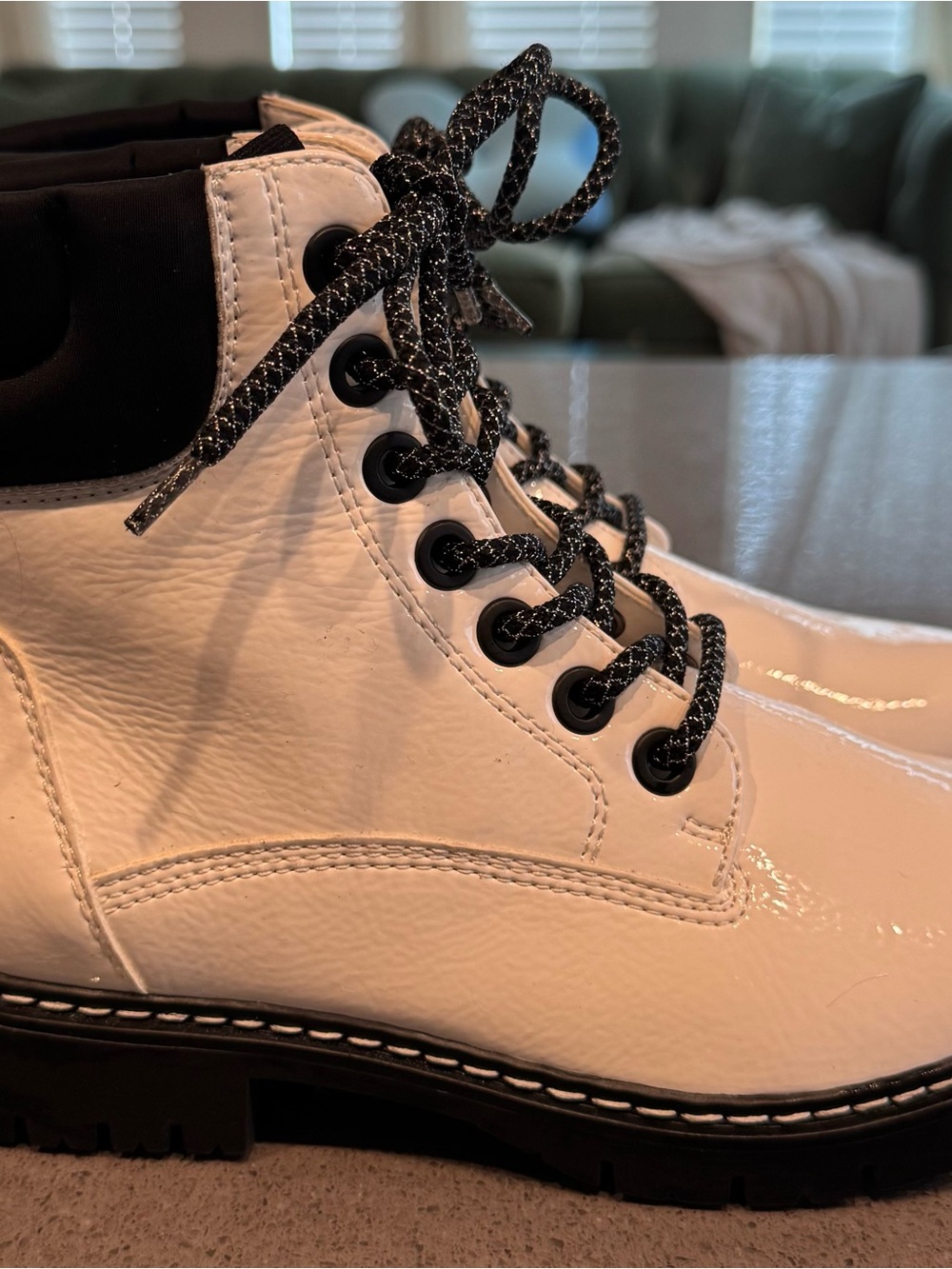 Limelight Patent Leather White and Black Lace-Up Combat Boots